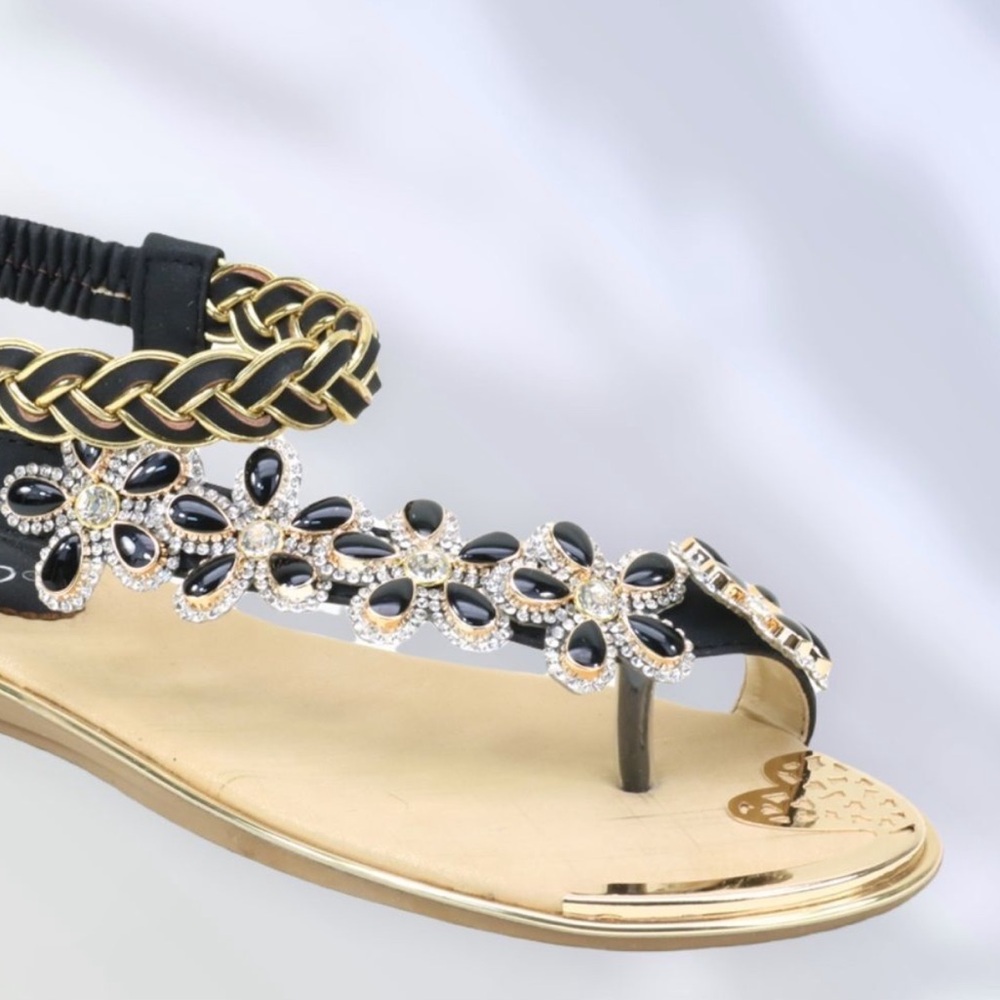 1 Left! Italina Sleek Black Vinyl Floral Rhinestone Embellished Toe Ring Sandal - Picture 4 of 13
